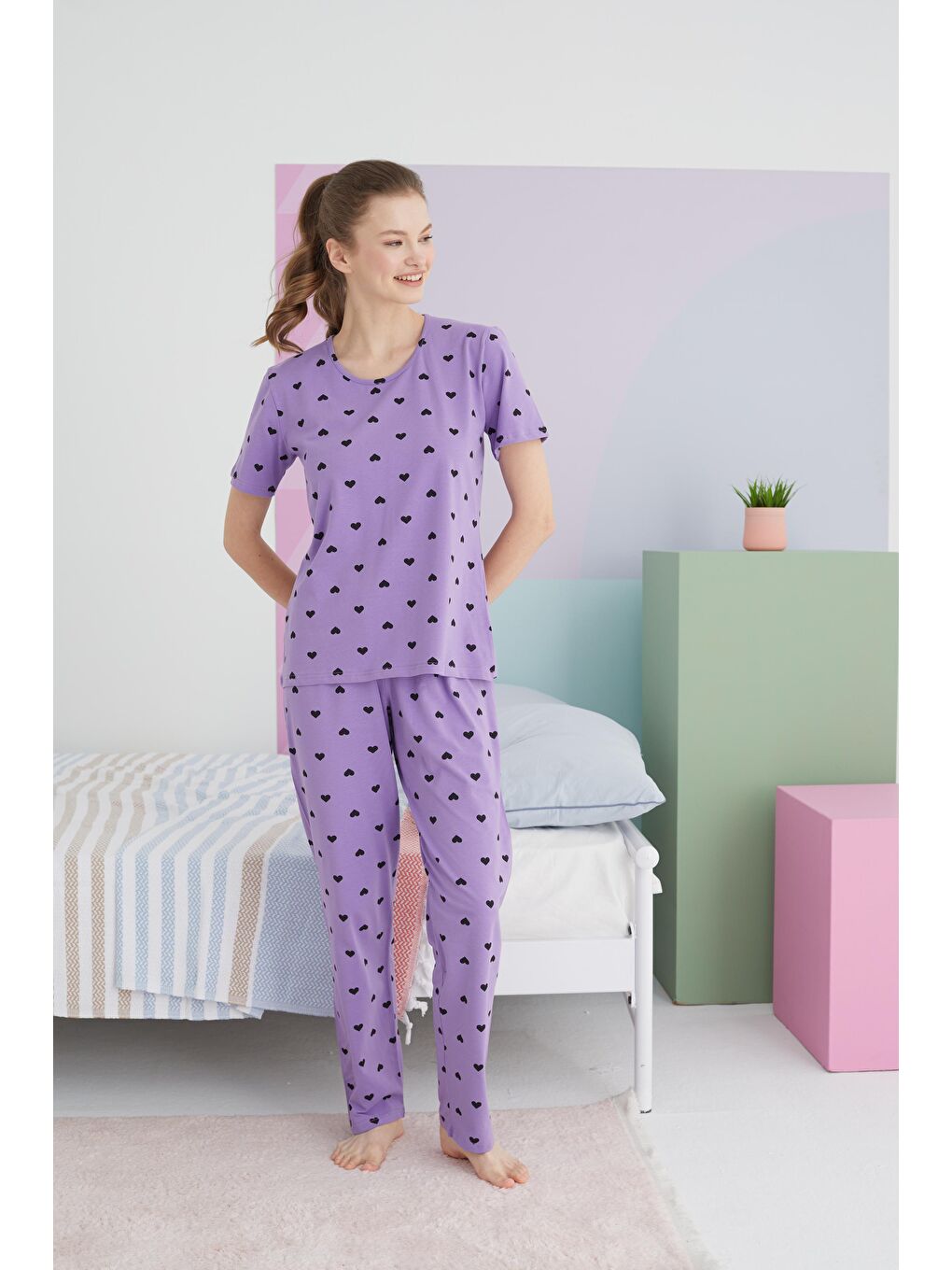 SİYAH İNCİ Açık Mor açık mor Pamuklu Örme Pijama Takım