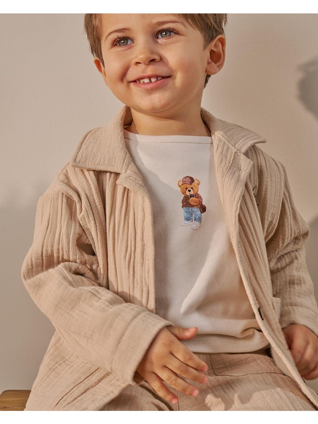 Erkek Çocuk Pamuklu Bej Müslin Ceketli T-Shirtli Pantolon Takım-5