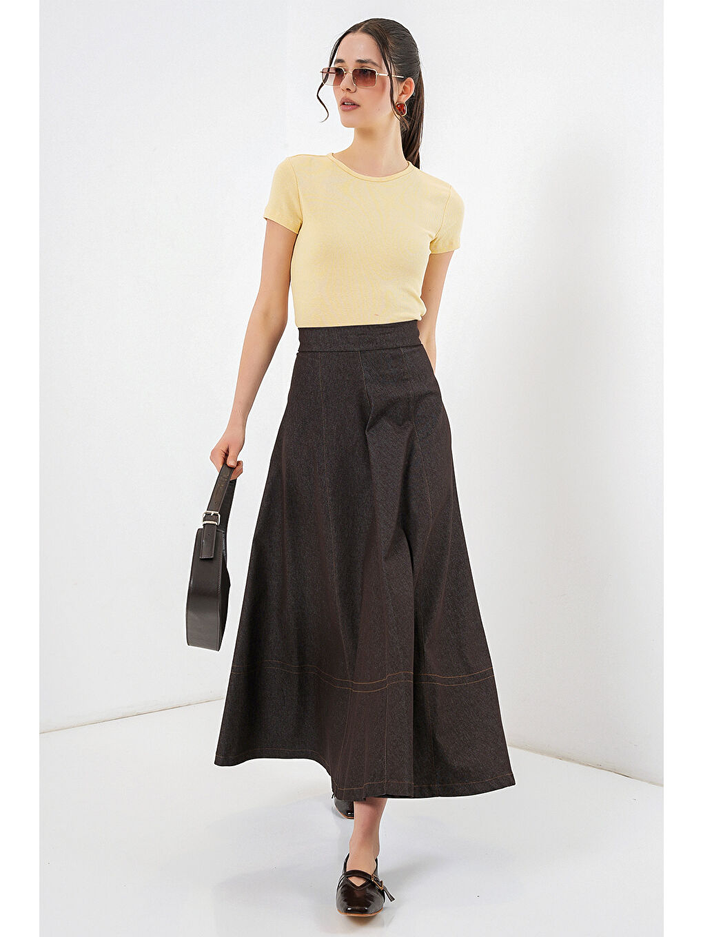 Kadın Uzun Jean Etek 8066 - Kahverengi-2