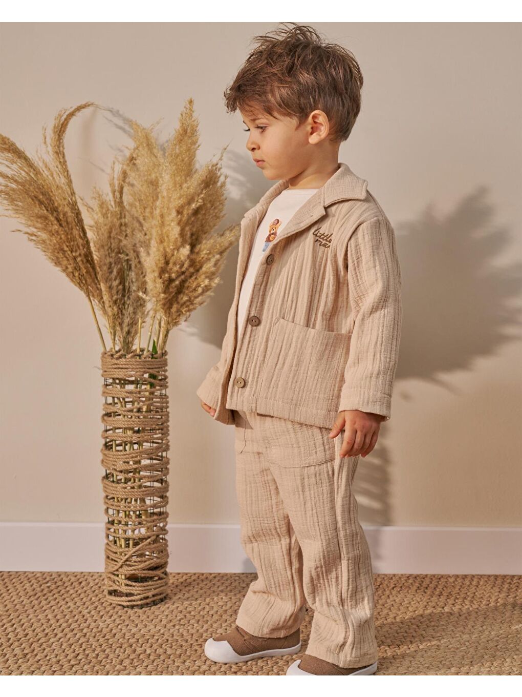 Erkek Çocuk Pamuklu Bej Müslin Ceketli T-Shirtli Pantolon Takım-6