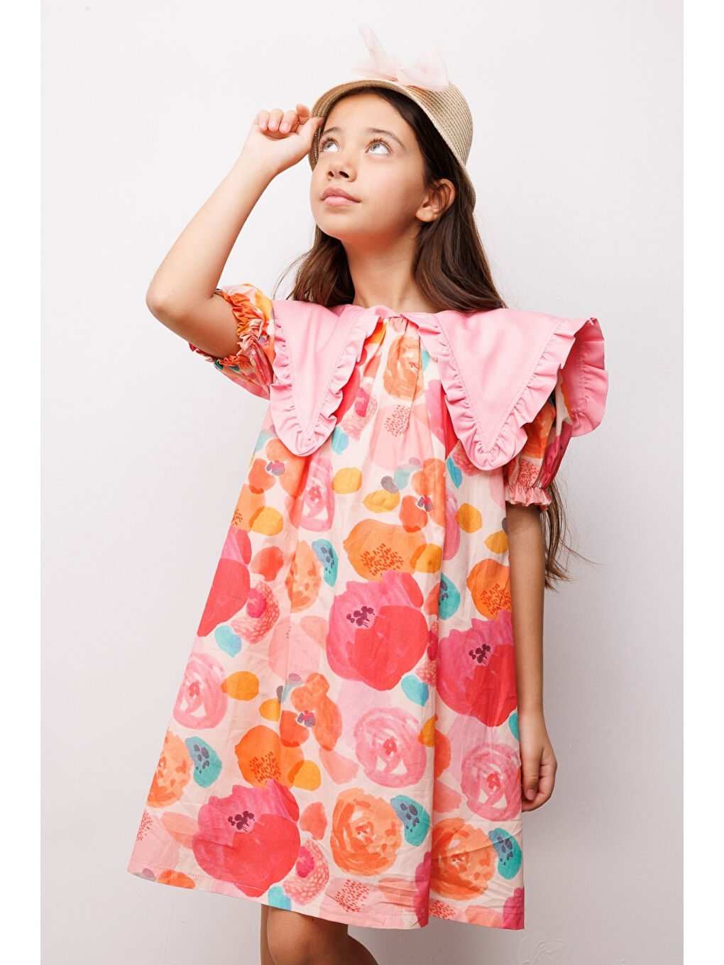 Pembe Pudra Sivri Yakalı Çiçek Desenli Kız Çocuk Elbise - Megan-2