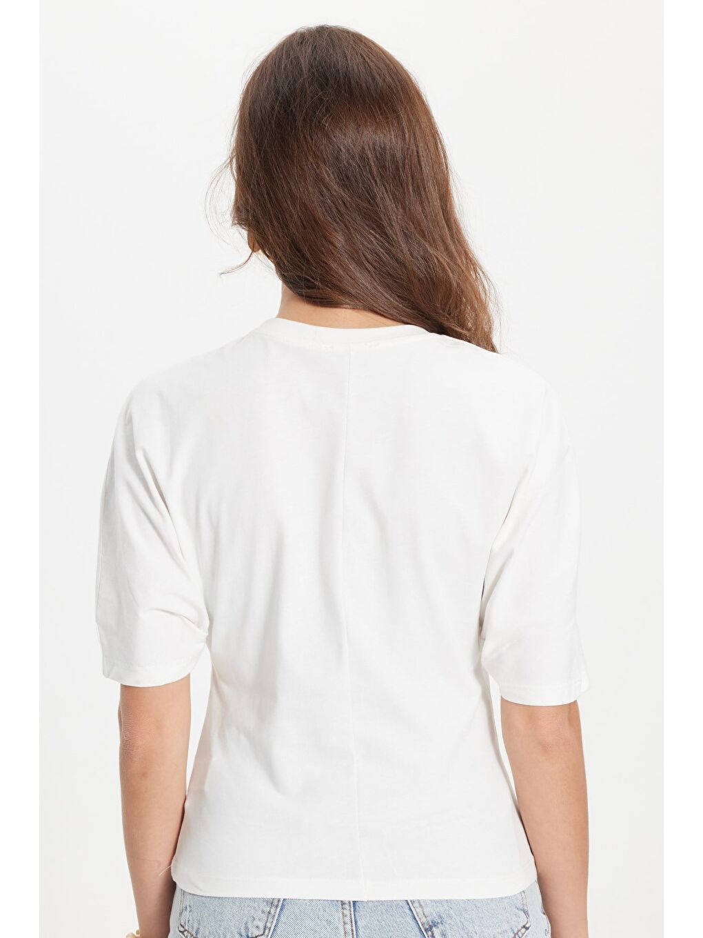 Kadın Oversize Geniş Kesim %100 Pamuk Bisiklet Yaka Yarasa Kol Ekru Tişört-6