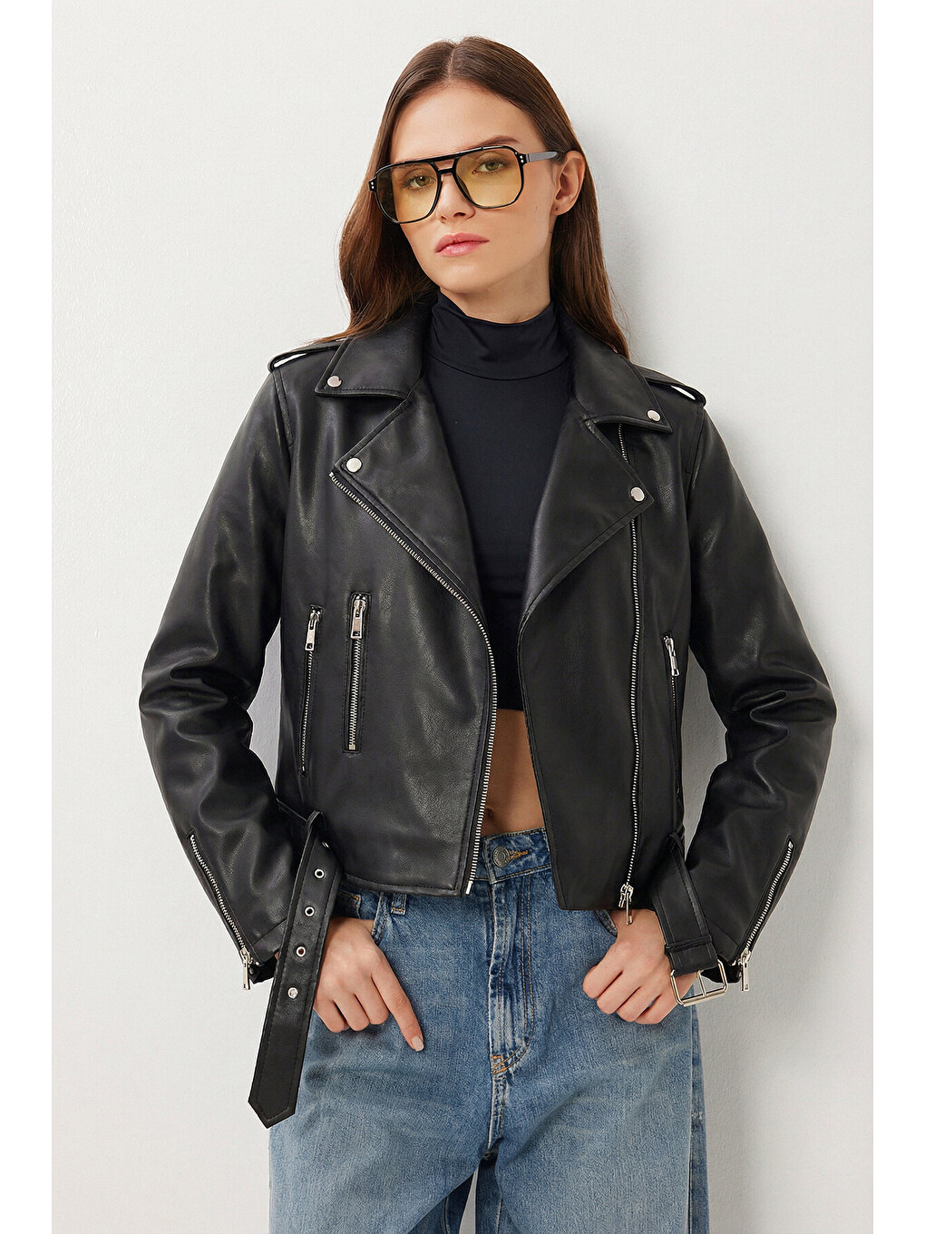 Siyah Kemerli Suni Deri Biker Ceket SİYAH LAX0003-1