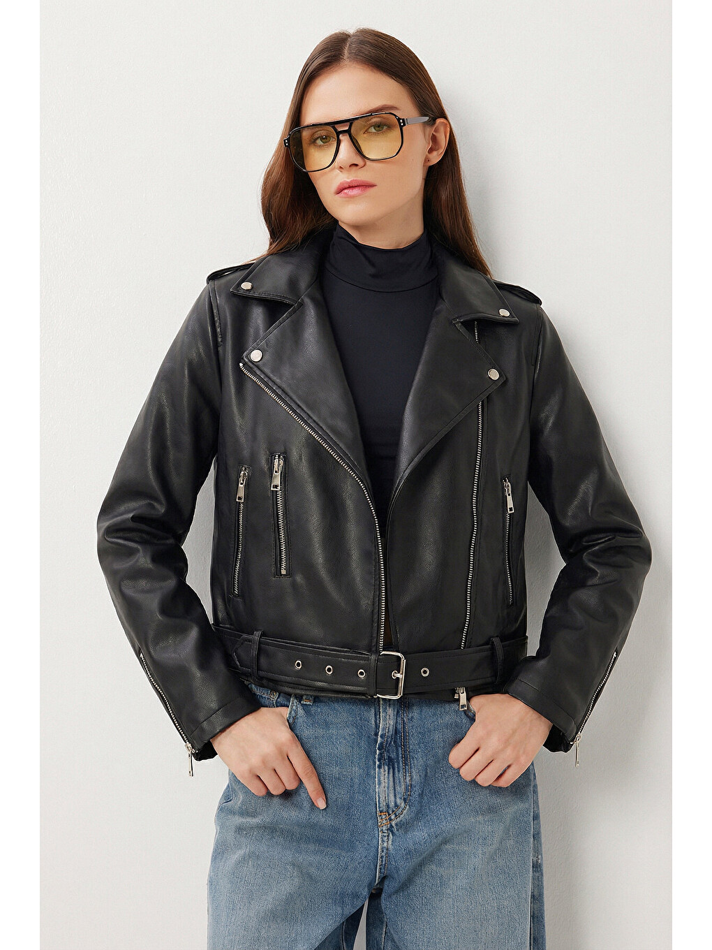 Siyah Kemerli Suni Deri Biker Ceket SİYAH LAX0003-2
