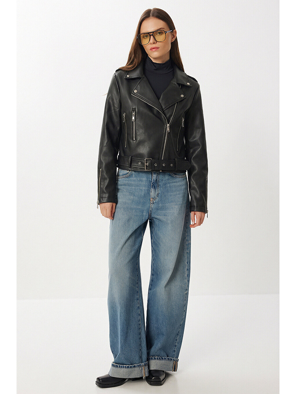 Siyah Kemerli Suni Deri Biker Ceket SİYAH LAX0003-3