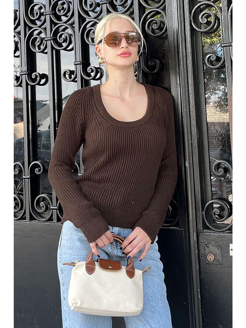 Kahverengi Bisiklet Yaka Basic Örme Kazak Mg2189-5