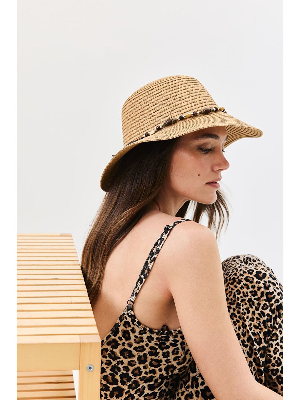 Bej Hasır Plaj Şapkası Y25730-19 Vizon-1