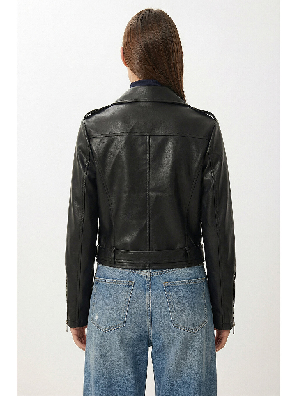 Siyah Kemerli Suni Deri Biker Ceket SİYAH LAX0003-4