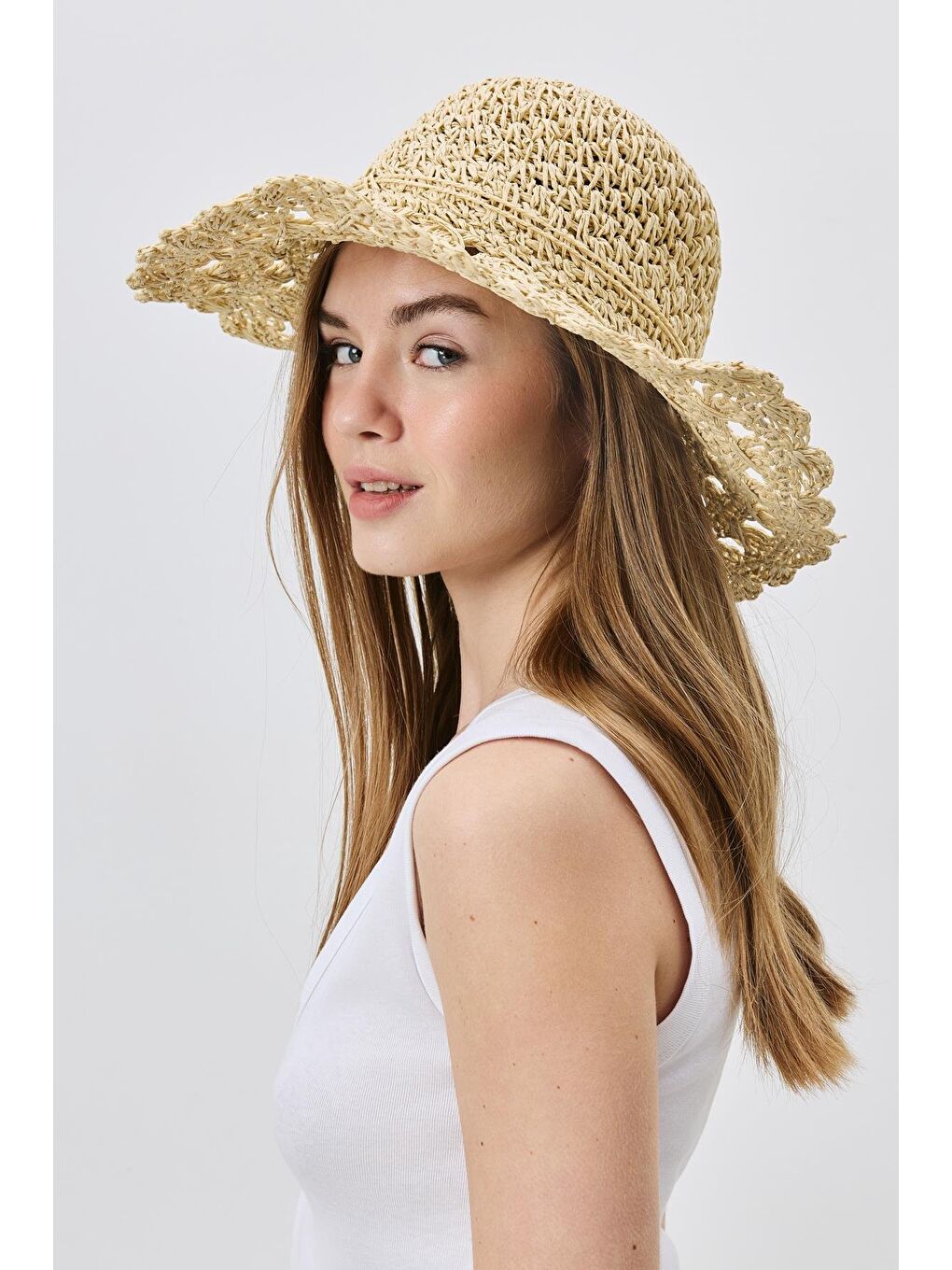 Örgü Hasır Plaj Şapkası Y25730-22 Bej-2