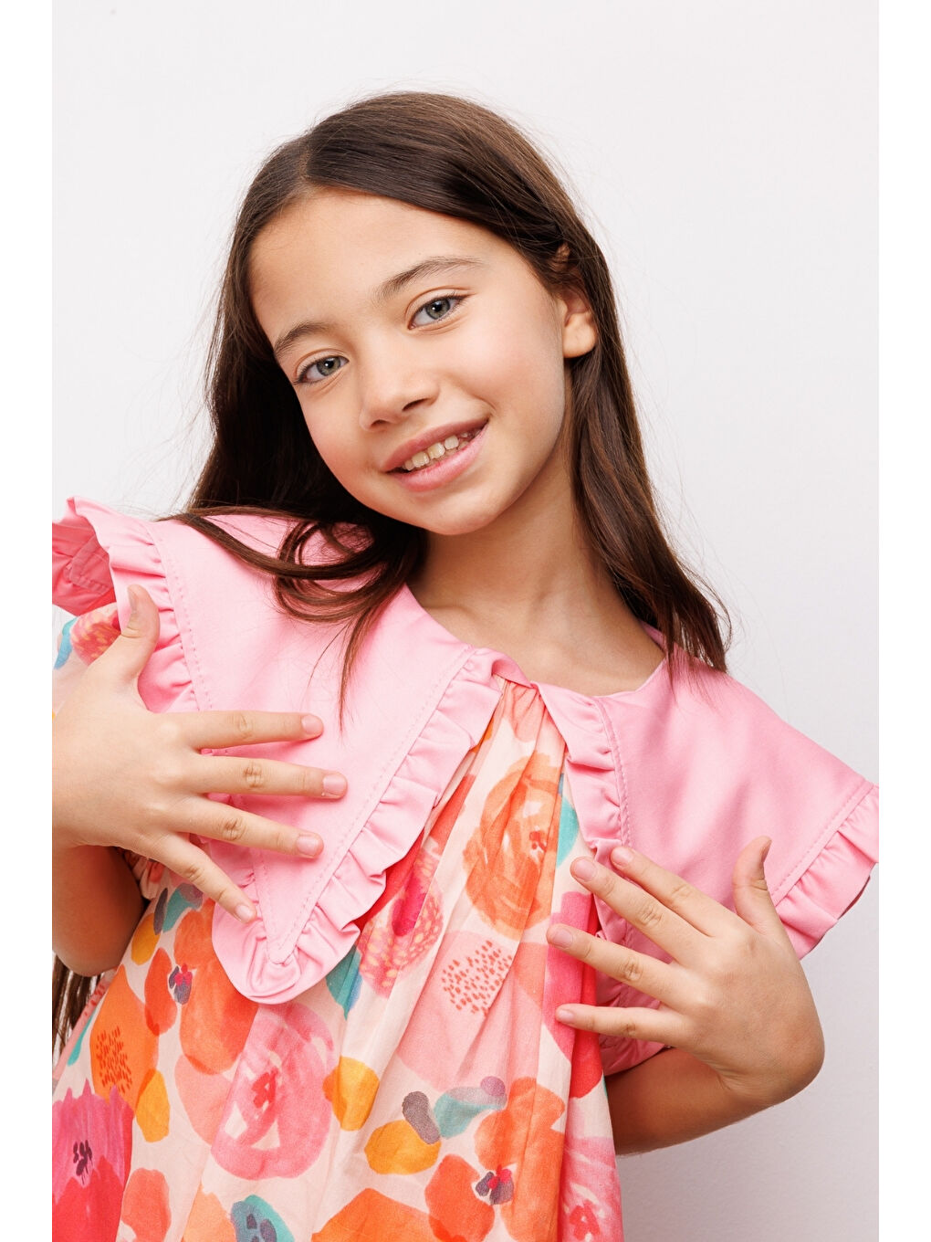 Pembe Pudra Sivri Yakalı Çiçek Desenli Kız Çocuk Elbise - Megan-3