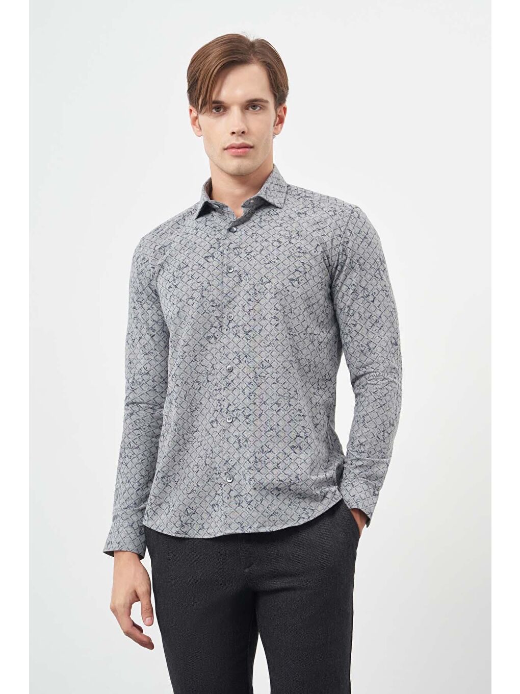 Gri Füme Uzun Kol Yarım İtalyan Yaka Cepsiz Pamuklu Classic Slim Fit Gömlek 1004245222