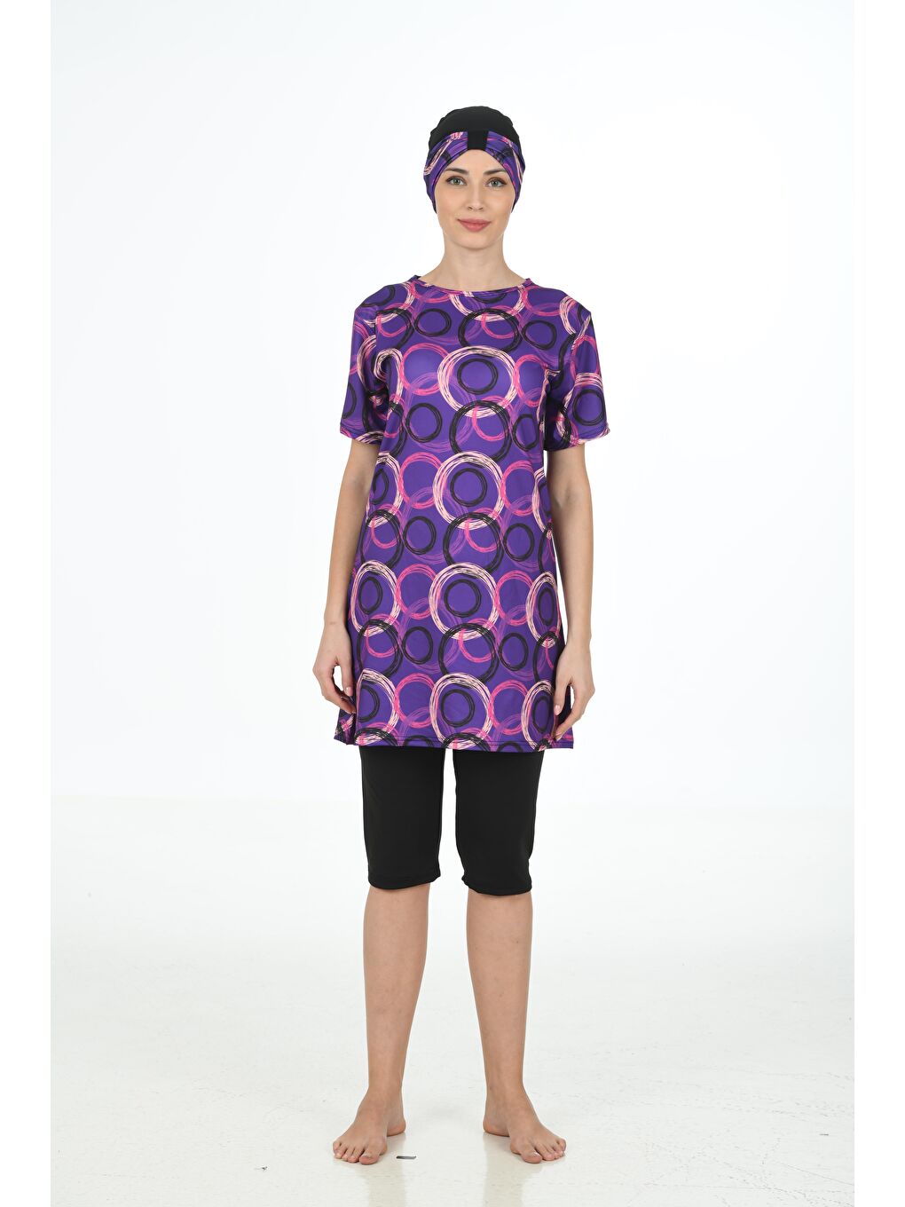 Siyah Yarım Kapalı Elastanlı Tesettür Mayo 3365-1