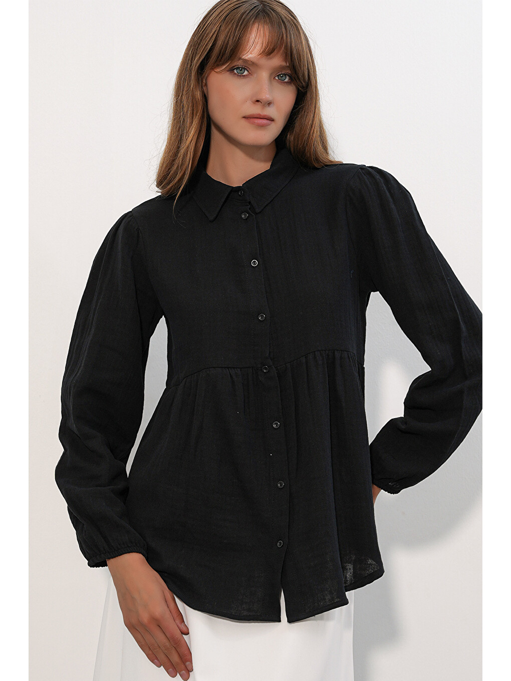 Kadın Dokulu Oversize Keten Gömlek 20381 - Siyah