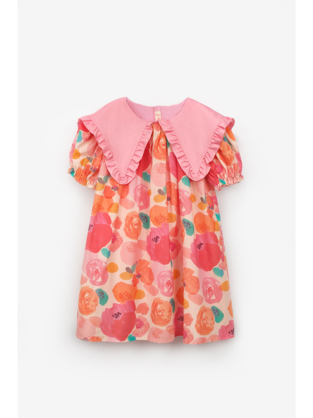 Pembe Pudra Sivri Yakalı Çiçek Desenli Kız Çocuk Elbise - Megan-4