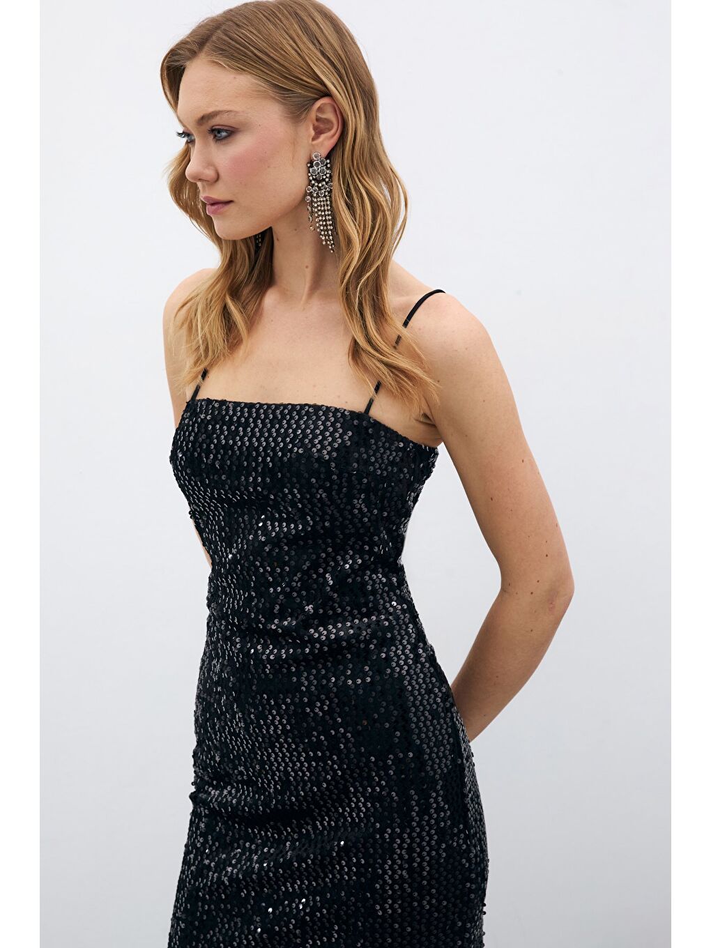 Kadife Payetli Uzun Elbise - Siyah-5