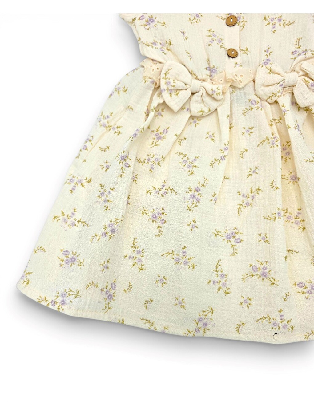 Ekru Kız Çocuk Yazlık Çiçekli Fiyonk Detaylı Müslin Yumuşacık Bayramlık Elbise 2-3-4-5-6 Yaş-6