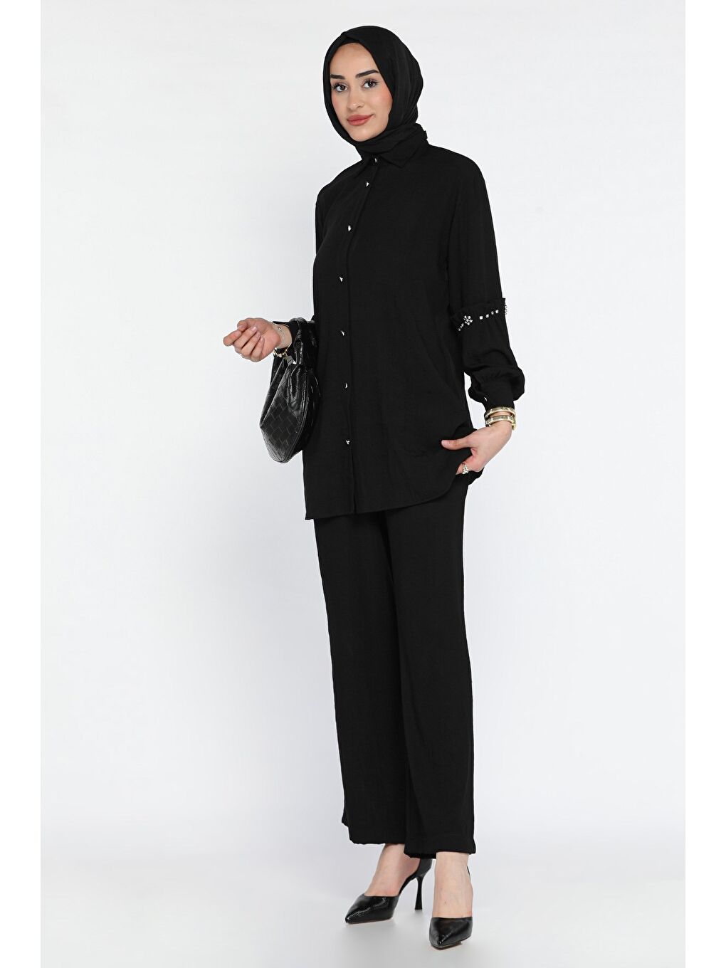 Siyah Taş Detaylı Tunik Pantolon Tesettür İkili Takım
