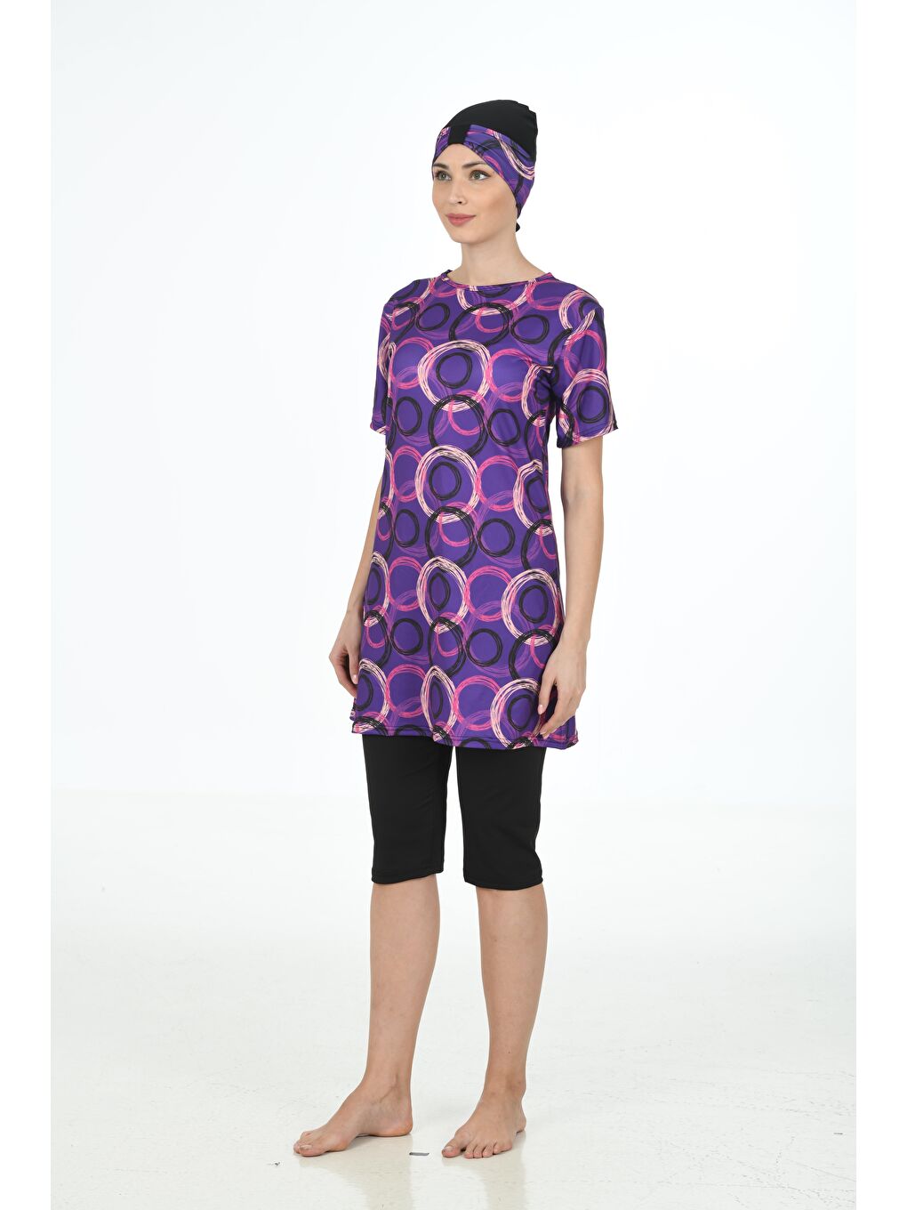 Siyah Yarım Kapalı Elastanlı Tesettür Mayo 3365-2