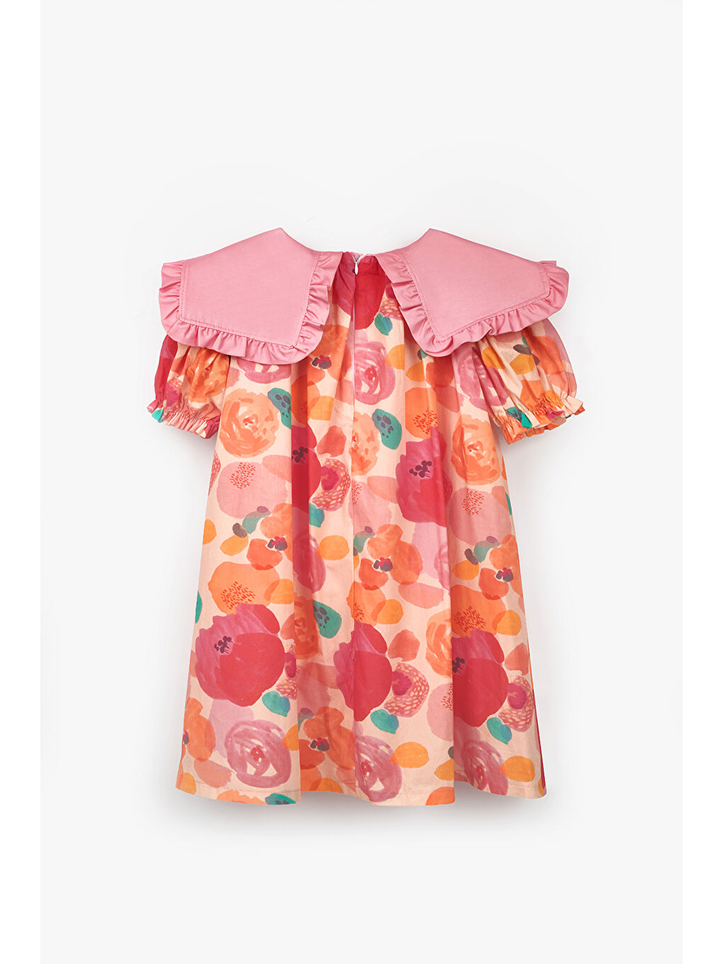 Pembe Pudra Sivri Yakalı Çiçek Desenli Kız Çocuk Elbise - Megan-5
