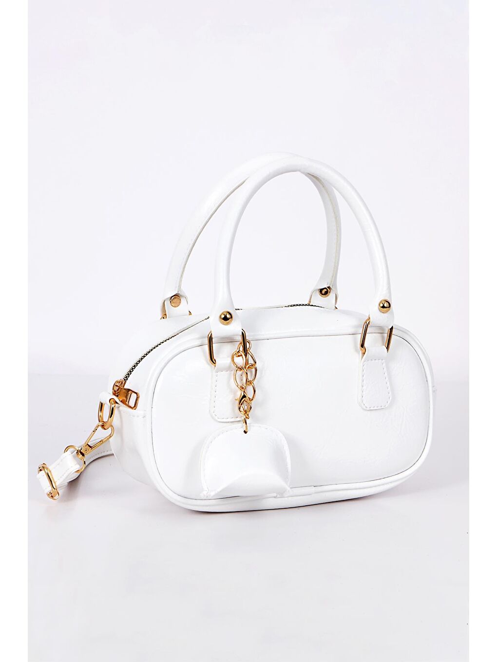 Beyaz Ruby Mini Cüzdan Charm Detaylı Rugan Deri Fermuar Kapama Kadın El Çapraz Kol Omuz Çantası BP-4853O