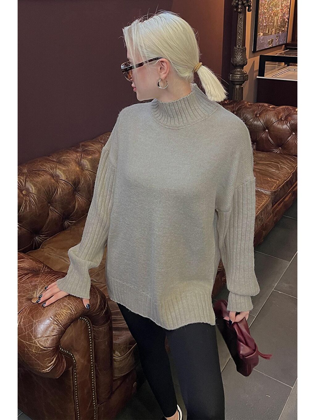 Bej Yarım Balıkçı Yaka Fitil Detaylı Kadın Kazak Mg2156-1