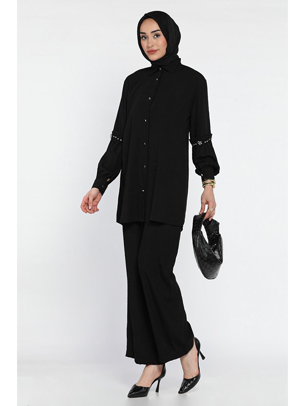 Siyah Taş Detaylı Tunik Pantolon Tesettür İkili Takım-3