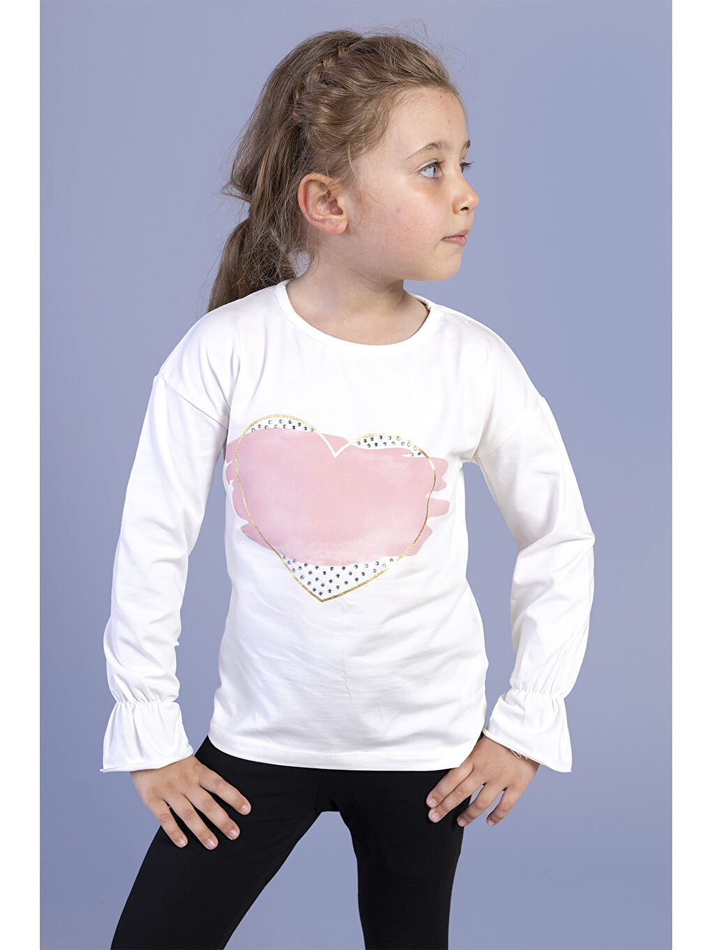 Ekru Kız Çocuk Kol Ucu Lastikli Taş İşlemeli Baskılı Tişört