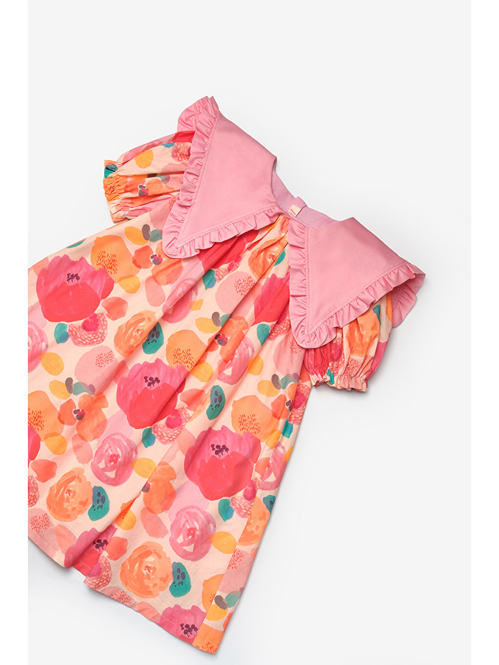 Pembe Pudra Sivri Yakalı Çiçek Desenli Kız Çocuk Elbise - Megan-6