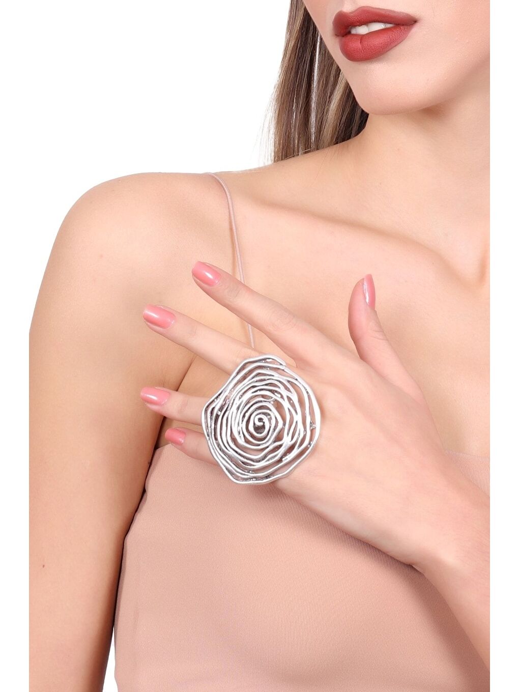 Gri Kadın Antik Gümüş Kaplama Gül Formlu Ayarlanabilir Yüzük-1