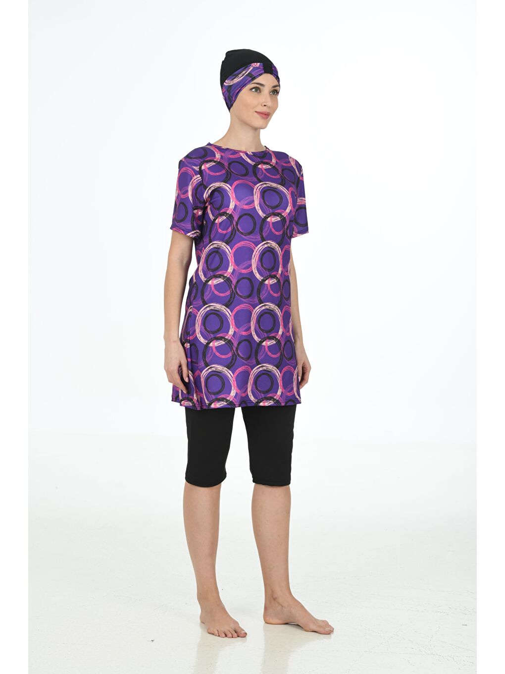 Siyah Yarım Kapalı Elastanlı Tesettür Mayo 3365-4