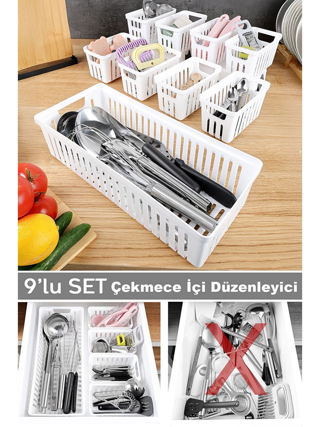 9 Parça Modüler Çekmece İçi Organizer Set Banyo Mutfak Makyaj Aksesuar Ofis Düzenleyici Beyaz