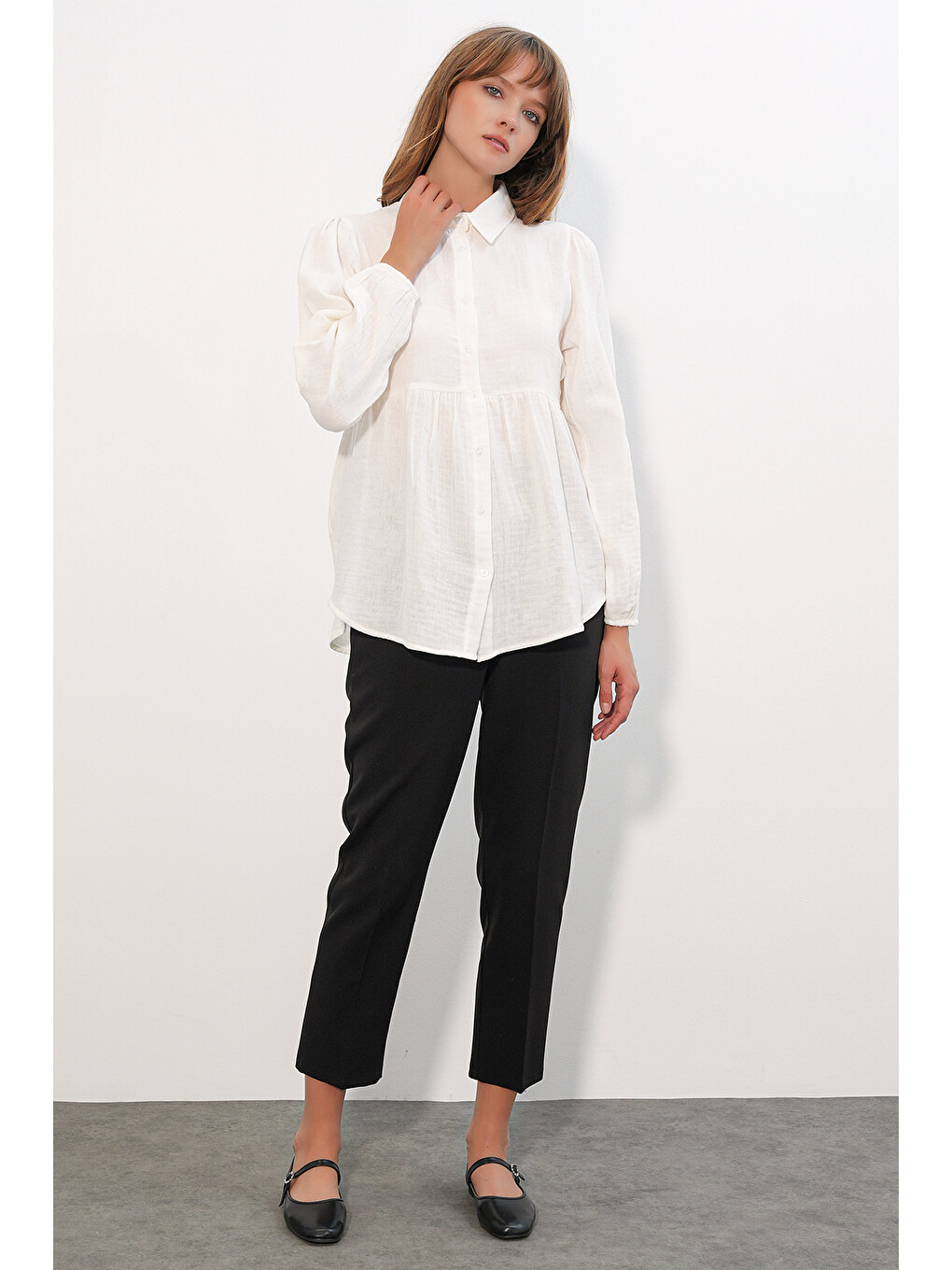 Kadın Dokulu Oversize Keten Gömlek 20381 - Beyaz-1