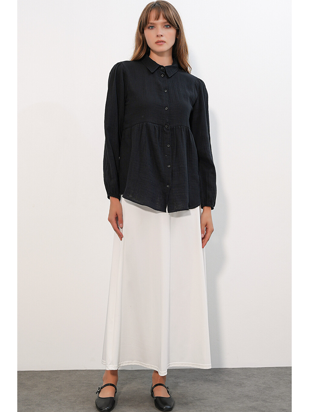 Kadın Dokulu Oversize Keten Gömlek 20381 - Siyah-1