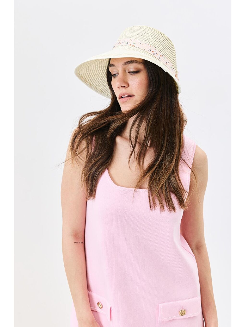 Ekru Siperli Hasır Plaj Şapkası Y25730-28 Krem-1