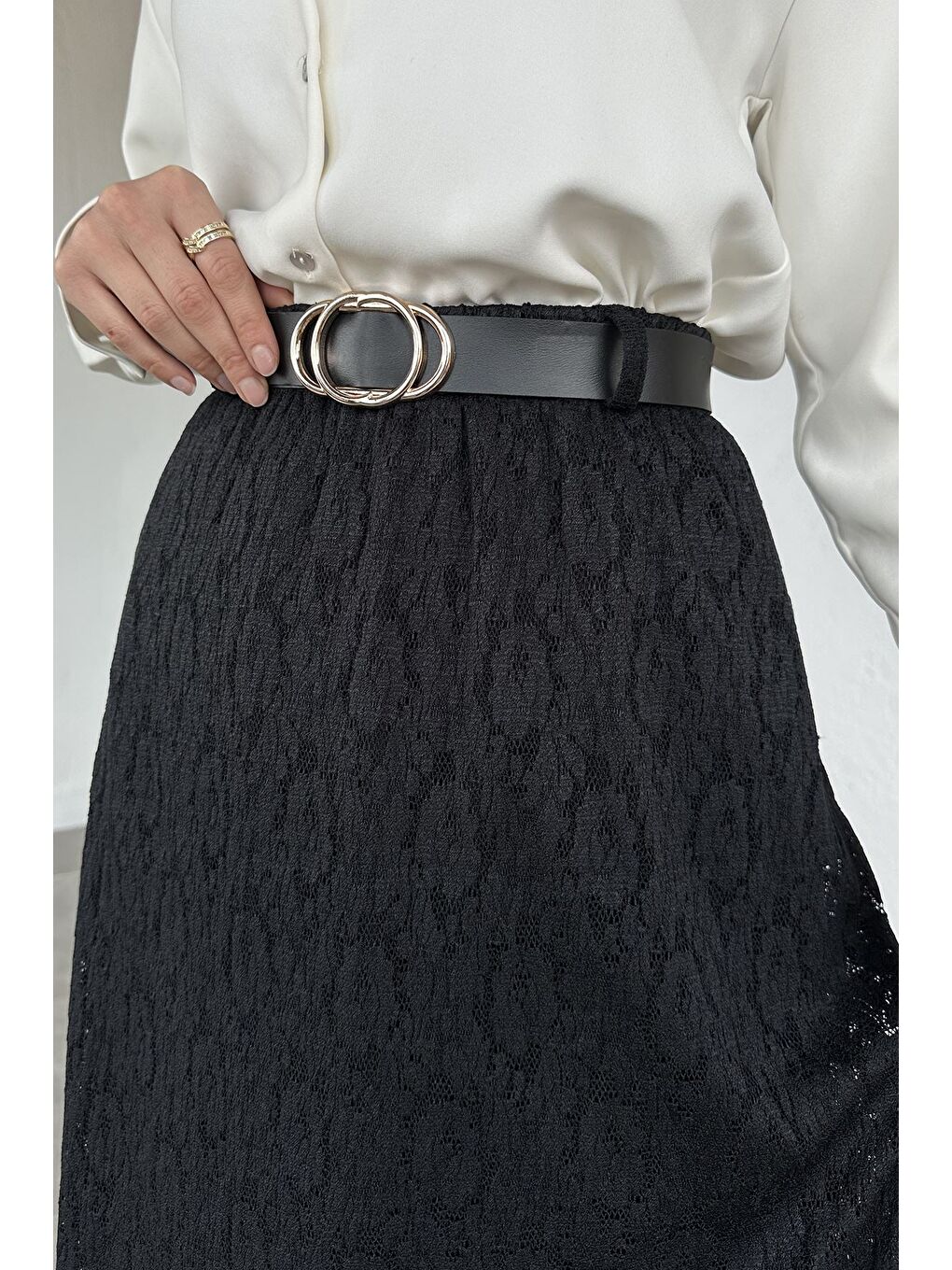 Siyah Bel Lastikli Güpürlü Kemer Aksesuarlı Elastanlı Tesettür Etek-6