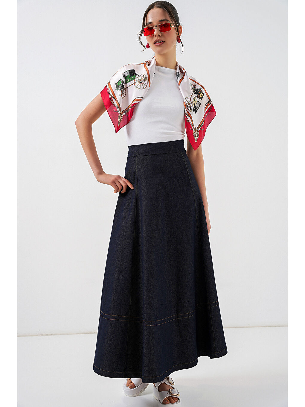 Kadın Uzun Jean Etek 8066 - Lacivert