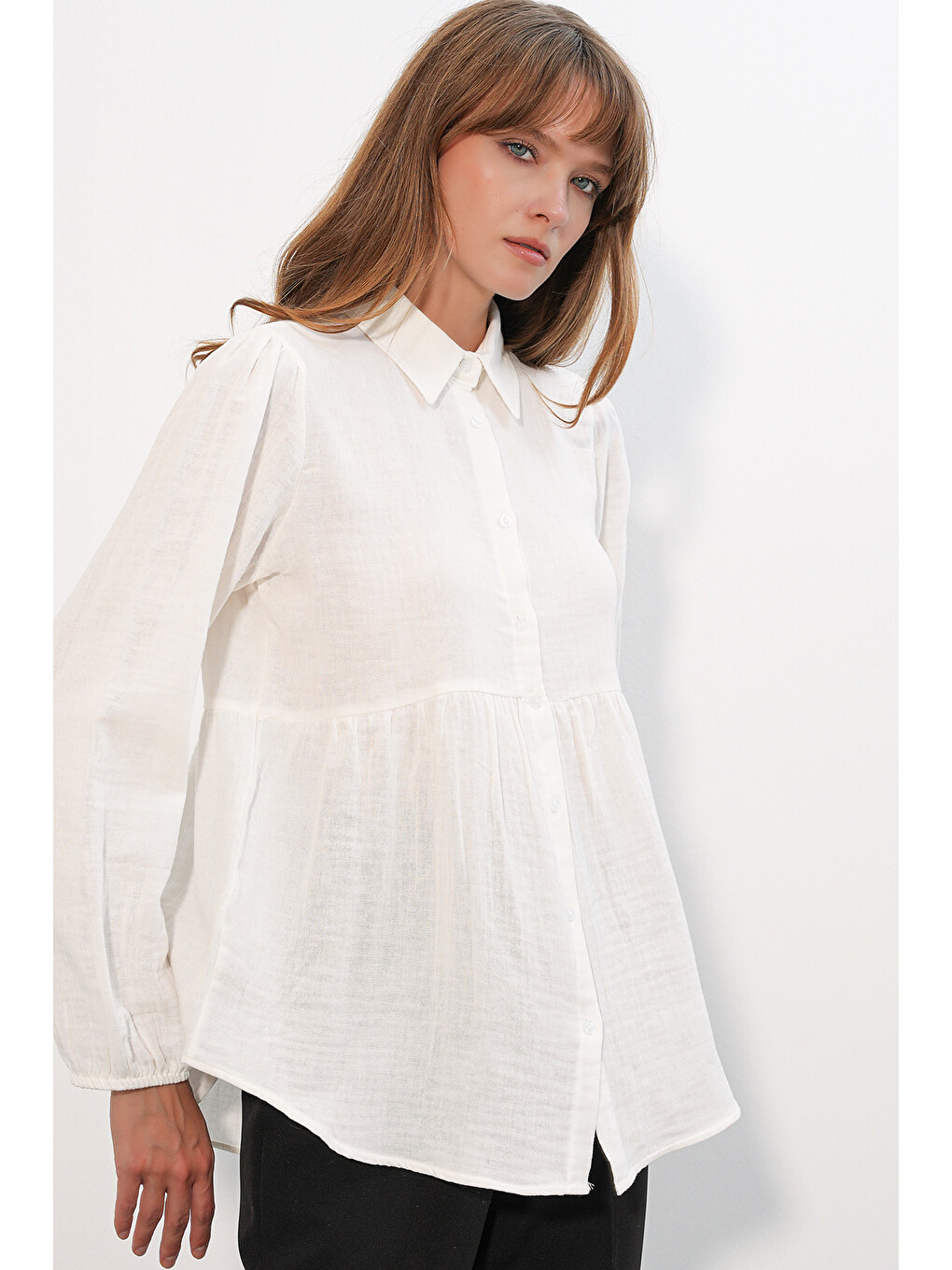 Kadın Dokulu Oversize Keten Gömlek 20381 - Beyaz-2
