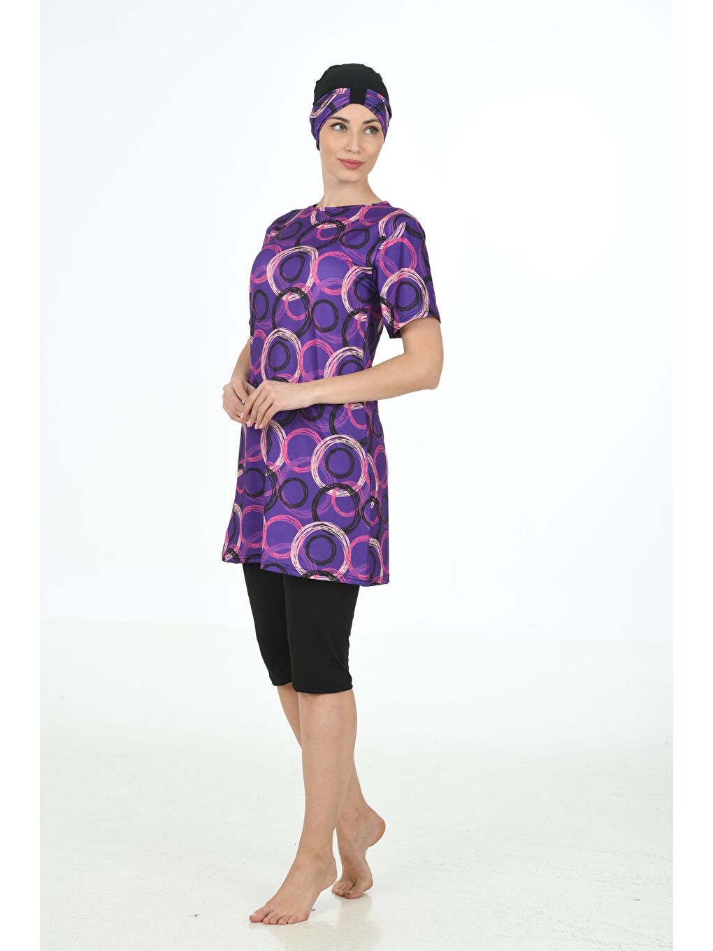 Siyah Yarım Kapalı Elastanlı Tesettür Mayo 3365-5