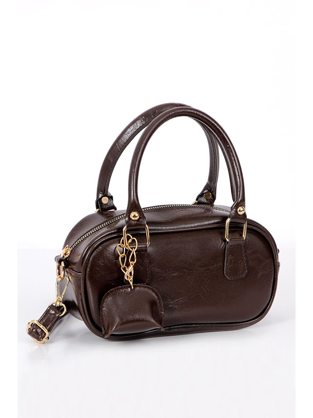 Kahverengi Ruby Mini Cüzdan Charm Detaylı Rugan Deri Fermuar Kapama Kadın El Çapraz Kol Omuz Çantası BP-4853O