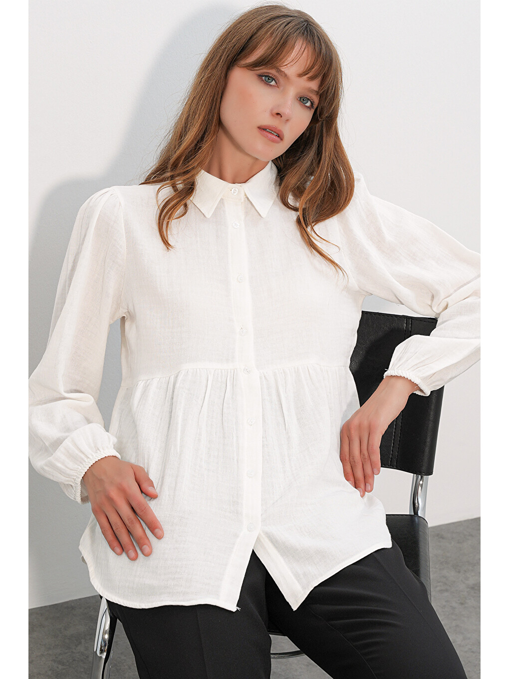 Kadın Dokulu Oversize Keten Gömlek 20381 - Beyaz-3