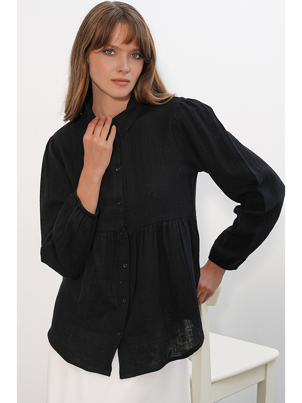 Kadın Dokulu Oversize Keten Gömlek 20381 - Siyah-2