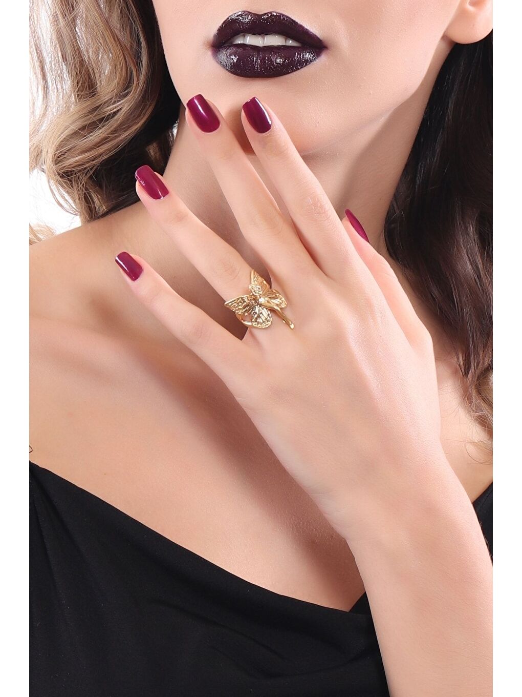 Sarı Kadın Altın Renk Kaplama Ayarlanabilir Kanatlı Melek Yüzük-1