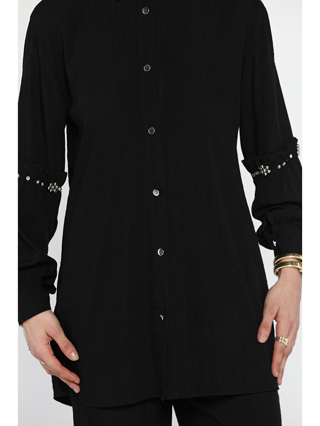 Siyah Taş Detaylı Tunik Pantolon Tesettür İkili Takım-7