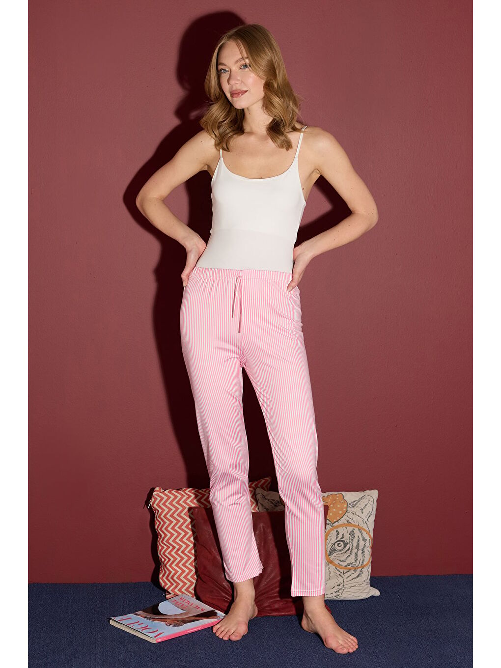 Pembe Ekose Desenli Beli Lastikli Pijama Altı-2