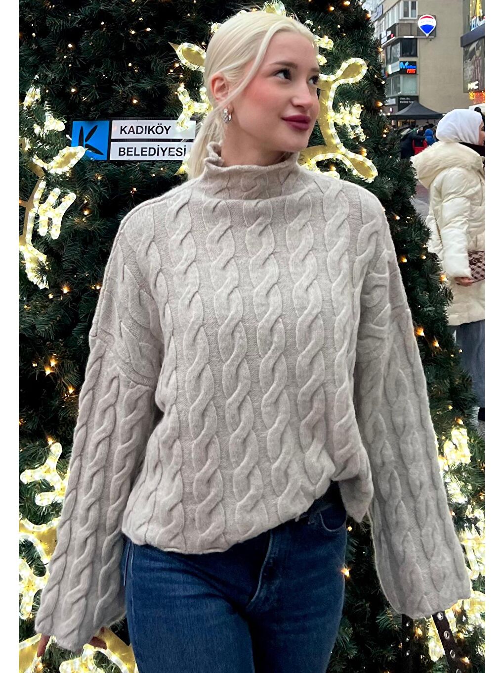 Bej Balıkçı Yaka Örme Triko Kazak Mg2172-1