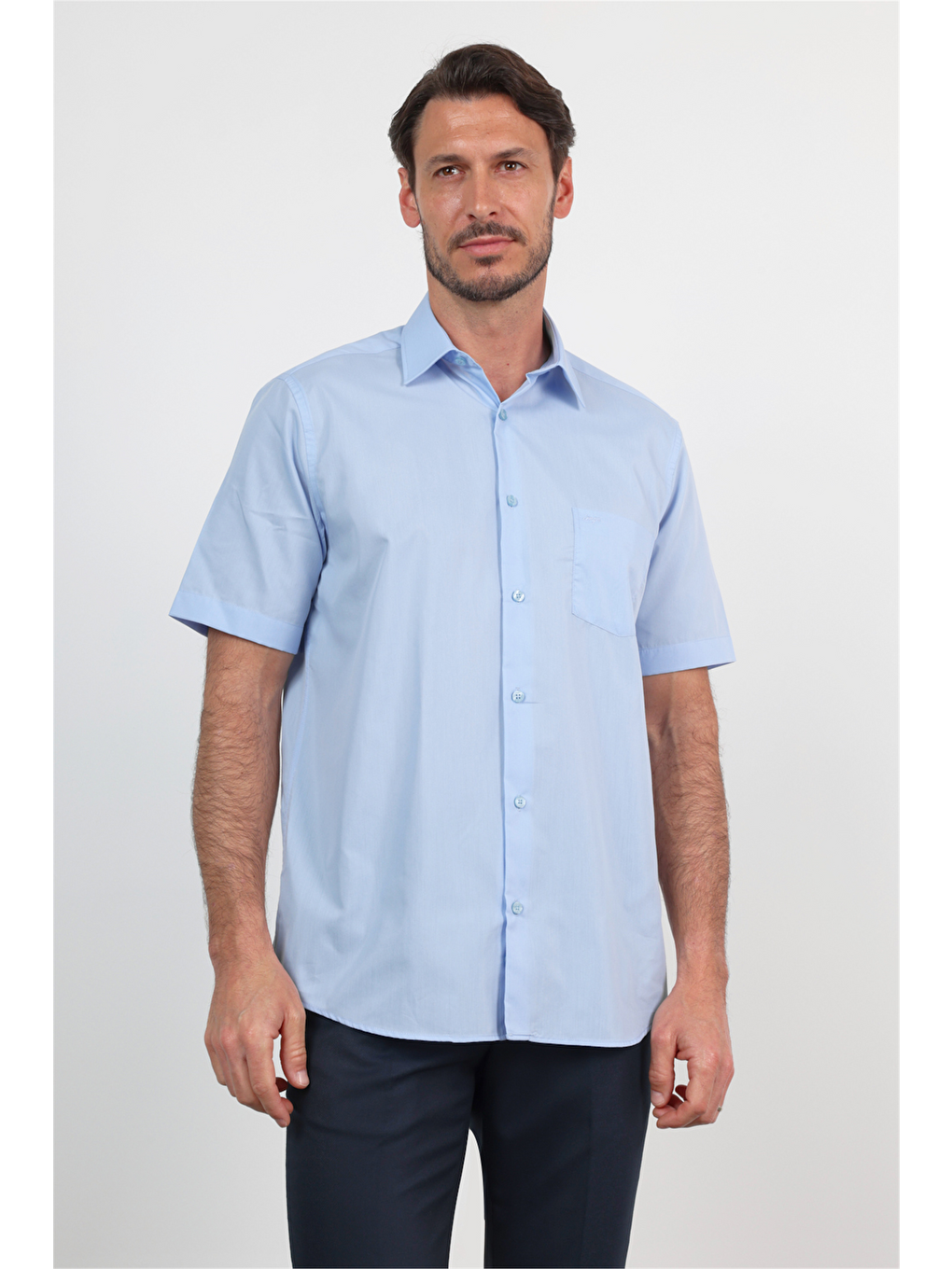 Mavi Sert Yaka Kısa Kol Cepli Comfort Fit Pamuklu Gömlek 1004260258