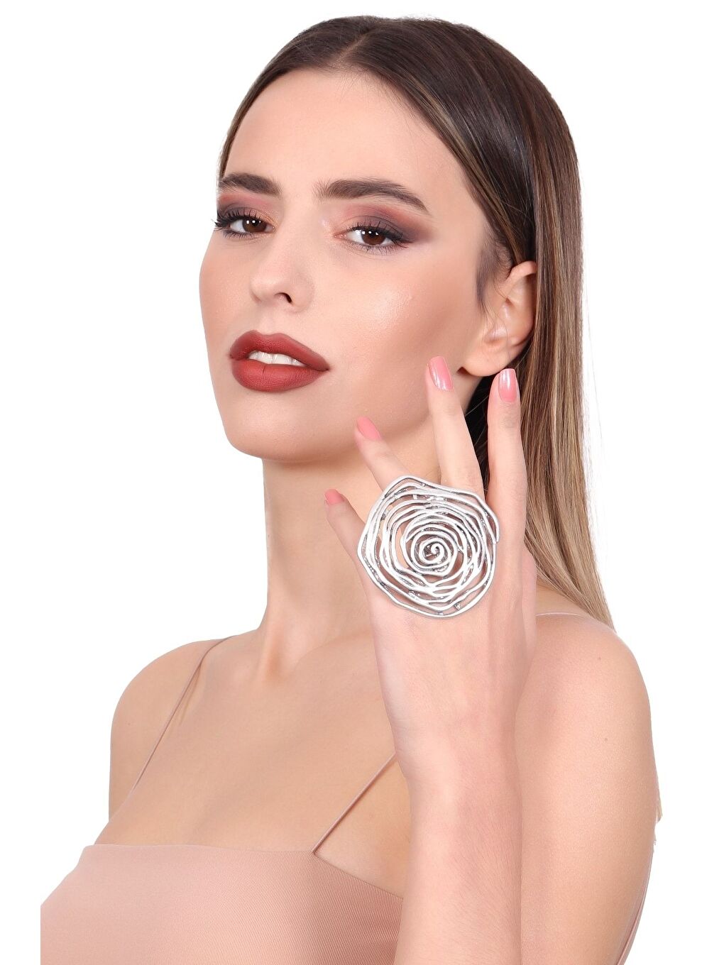 Gri Kadın Antik Gümüş Kaplama Gül Formlu Ayarlanabilir Yüzük-3