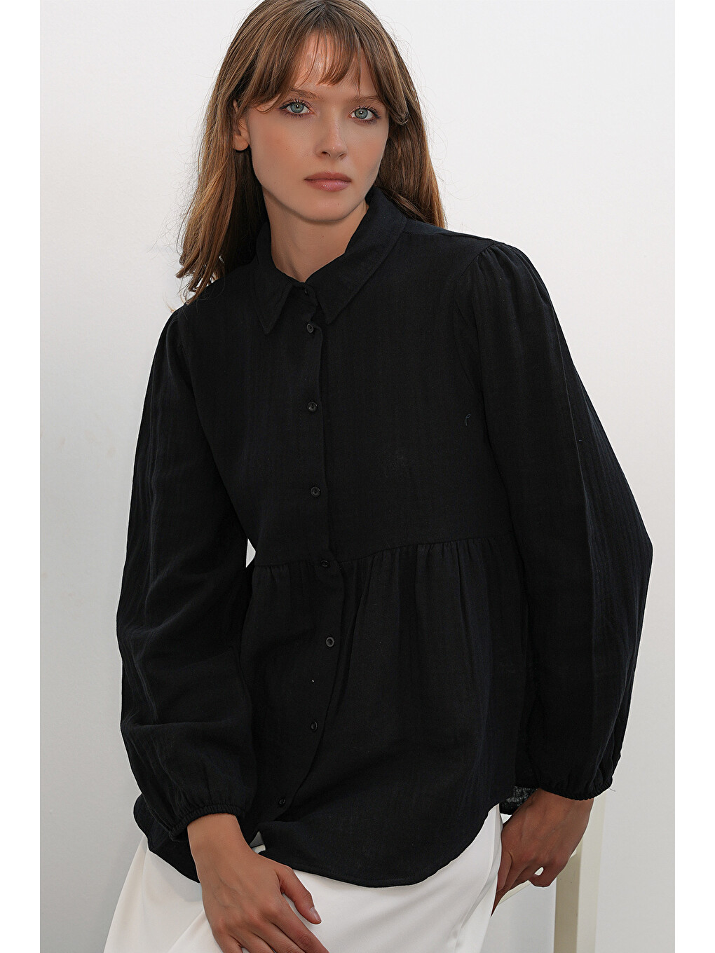Kadın Dokulu Oversize Keten Gömlek 20381 - Siyah-3