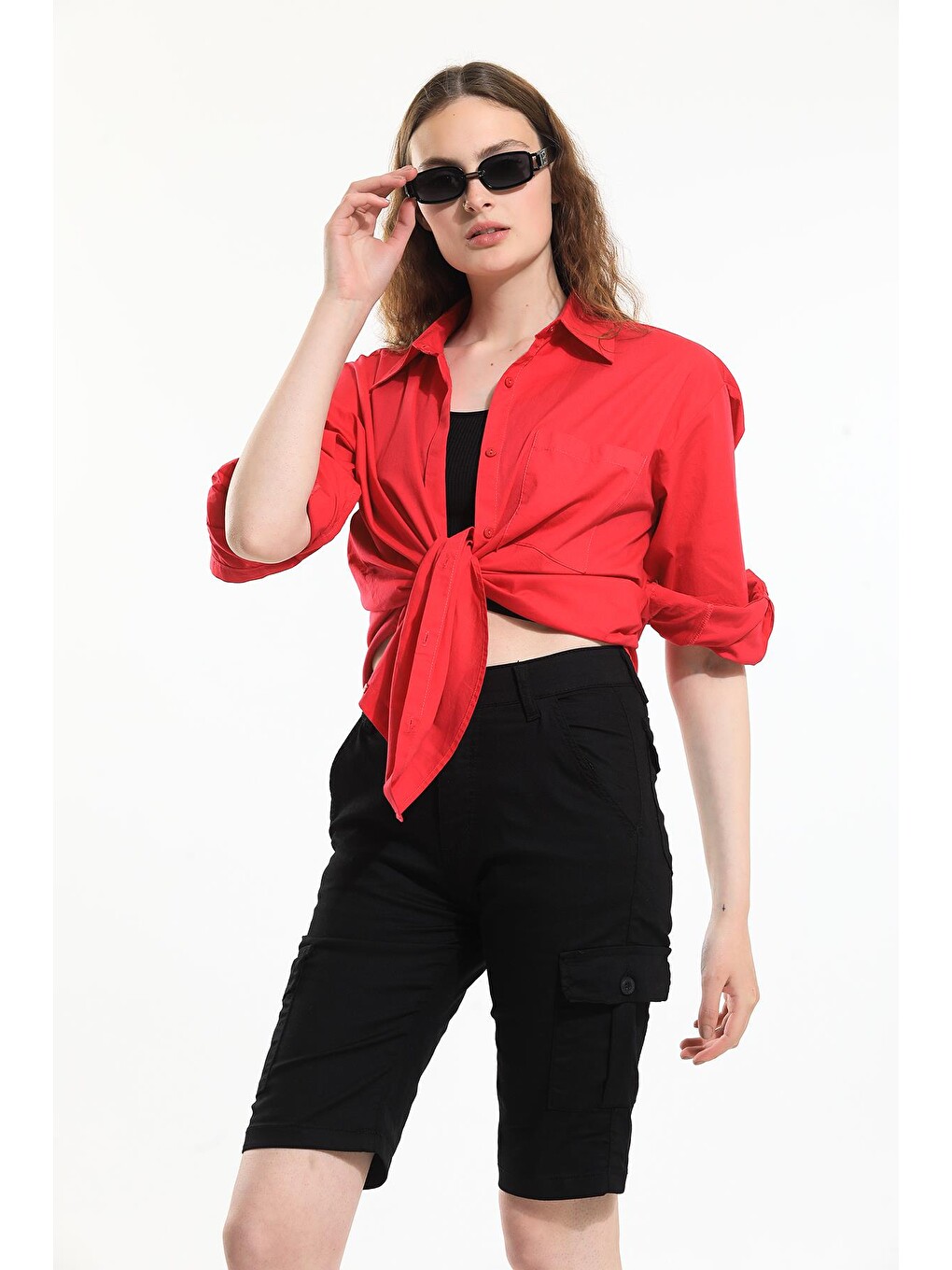 Siyah Slim Fit None Denim Yandan Cepli Esnek Kumaş Kadın Kargo Şort-1