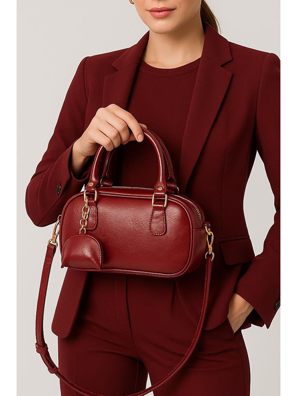 Bordo Ruby Mini Cüzdan Charm Detaylı Rugan Deri Fermuar Kapama Kadın El Çapraz Kol Omuz Çantası BP-4853O